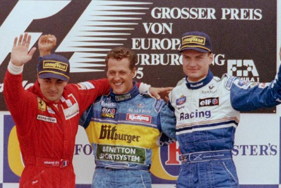 GP Europa &#39;95: Alesi, 2, con il vincitore Schumacher e Coulthard (3) 
